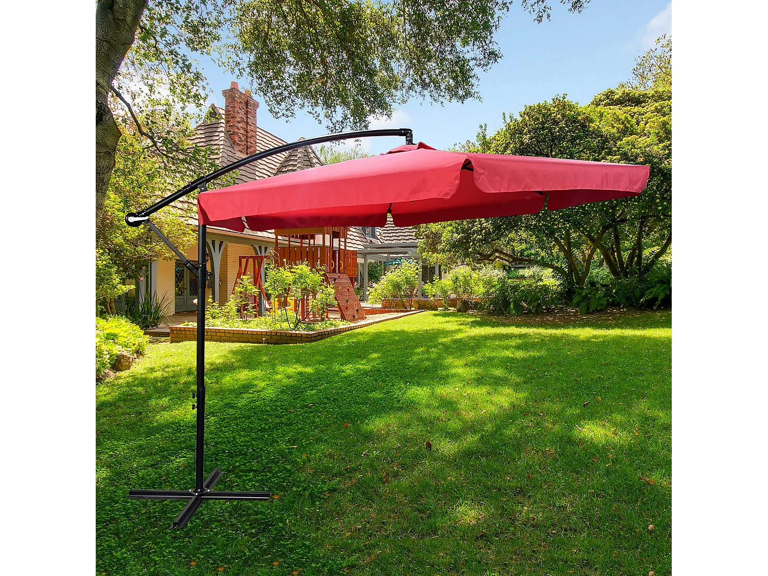 Tuinparasol CYNIA / Zweefparasol Met Voet / Verstelbare Hoogte / UV-bescherming, Waterdicht / Rood / 300 x 300 x 245 cm