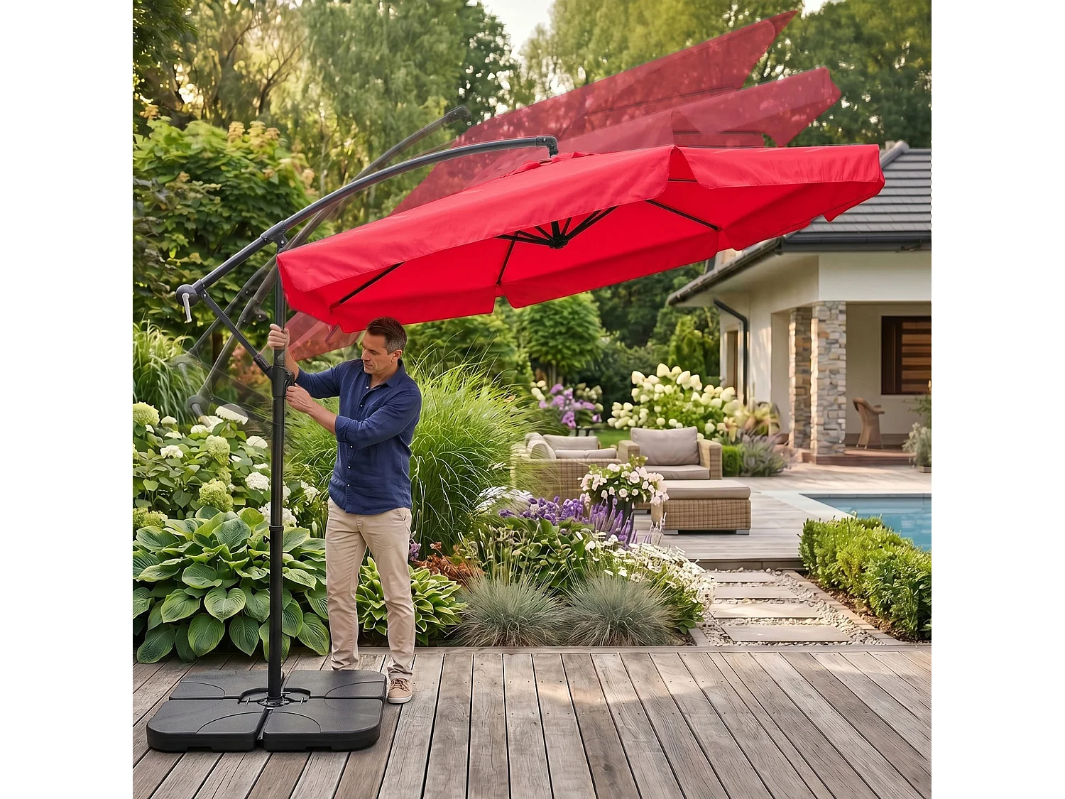 Tuinparasol CYNIA / Zweefparasol Met Voet / Verstelbare Hoogte / UV-bescherming, Waterdicht / Rood / 300 x 300 x 245 cm