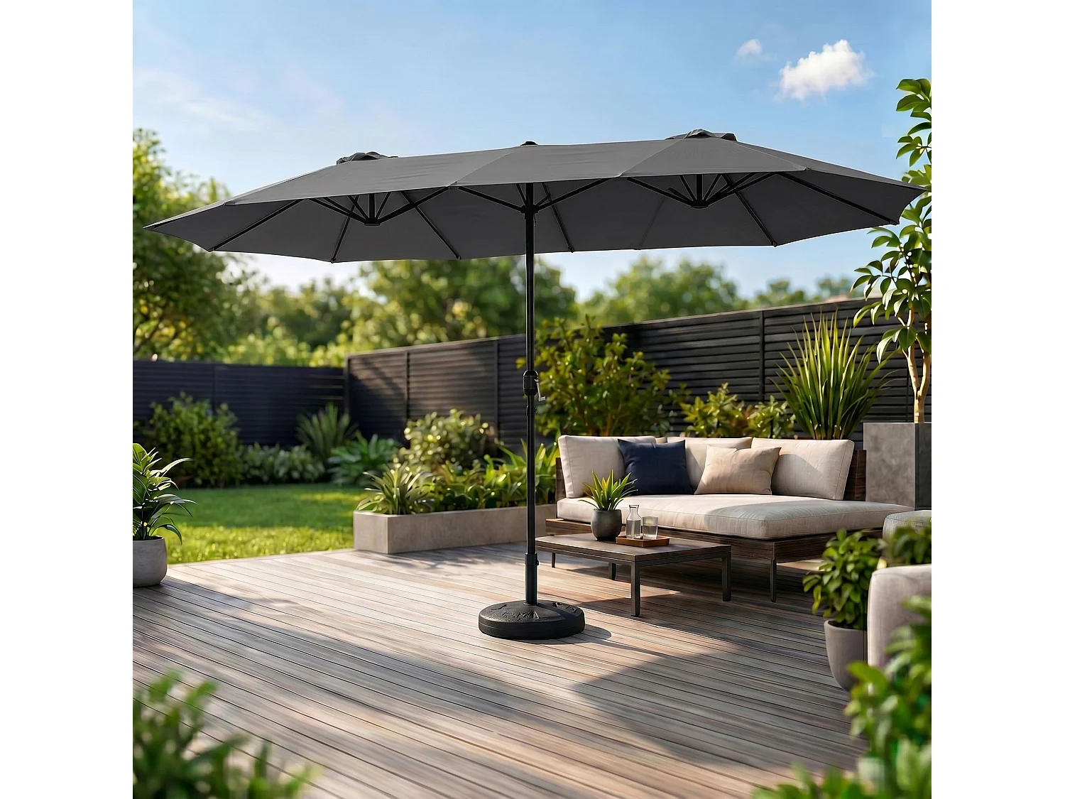 Parasol double de jardin TILIA en gris foncé, Poids 12,3 kg Dimensions L460 x l270 x H245 cm