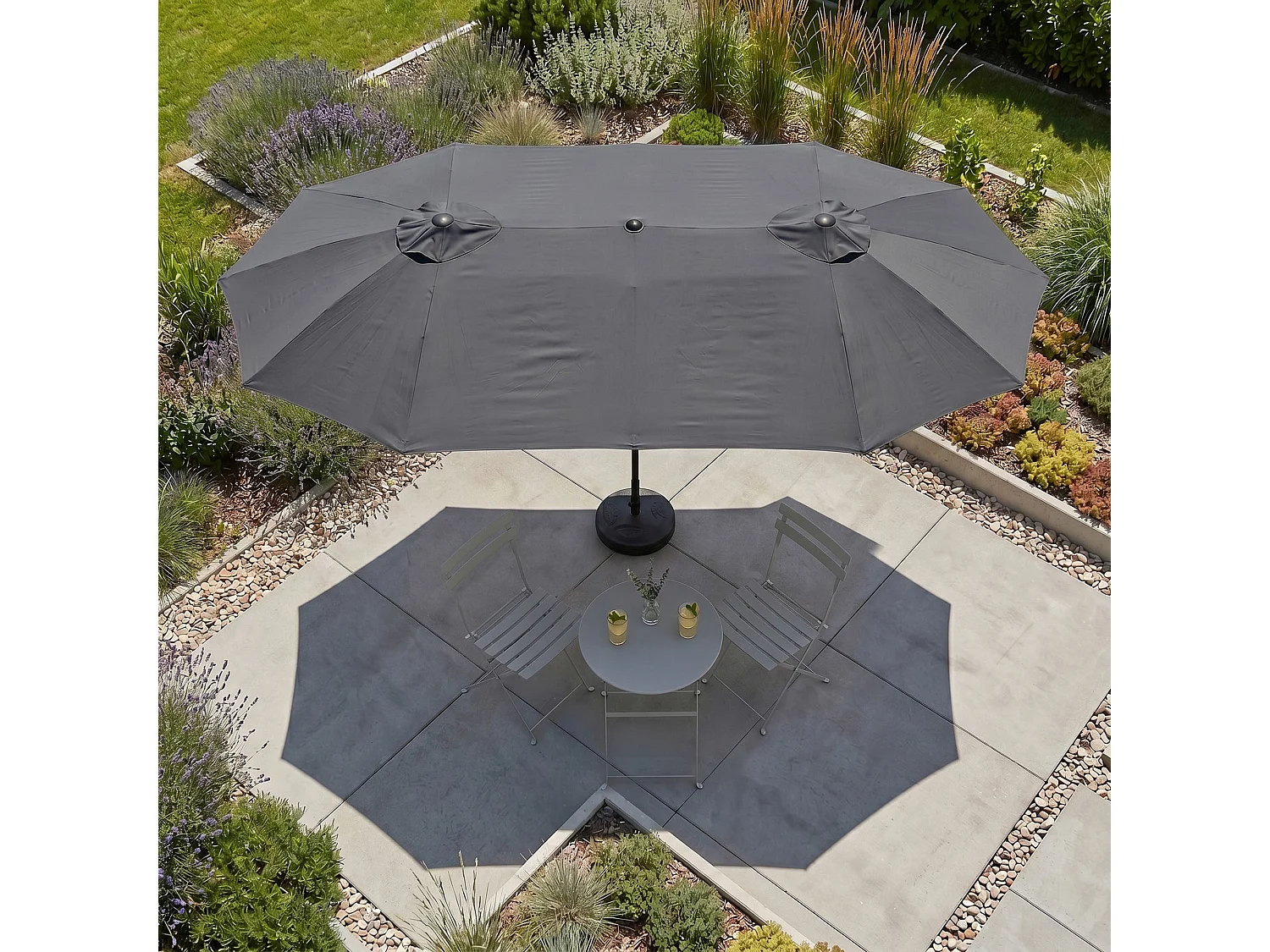 Parasol double de jardin TILIA en gris foncé, Poids 12,3 kg Dimensions L460 x l270 x H245 cm