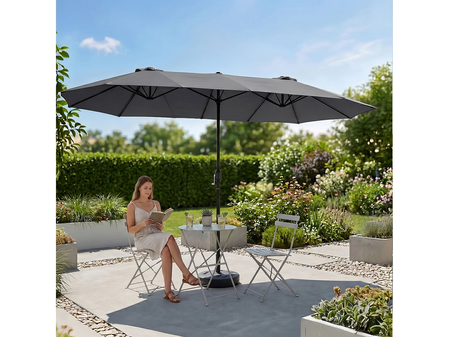 Parasol double de jardin TILIA en gris foncé, Poids 12,3 kg Dimensions L460 x l270 x H245 cm