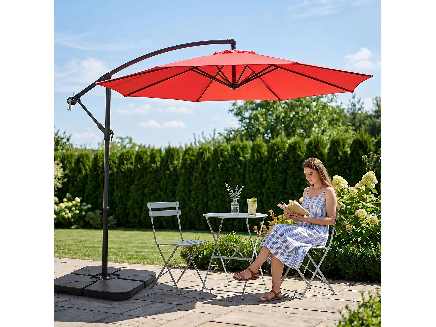 Tuinparasol ASTER / Zweefparasol Met Voet / Verstelbare Hoogte / UV-bescherming, Waterdicht / Rood / 300 x 300 x 45 cm