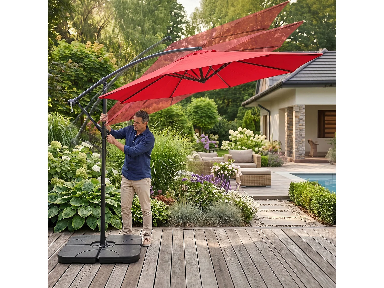 Tuinparasol ASTER / Zweefparasol Met Voet / Verstelbare Hoogte / UV-bescherming, Waterdicht / Rood / 300 x 300 x 45 cm
