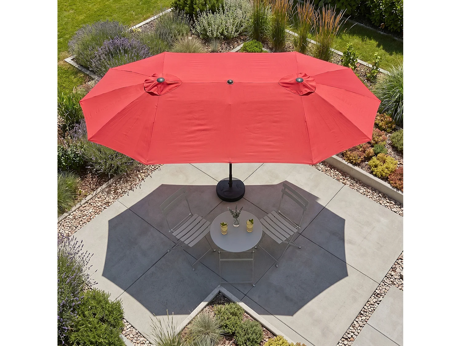 Parasol double de jardin TILIA en rouge, Poids 12,3 kg Dimensions L460 x l270 x H245 cm