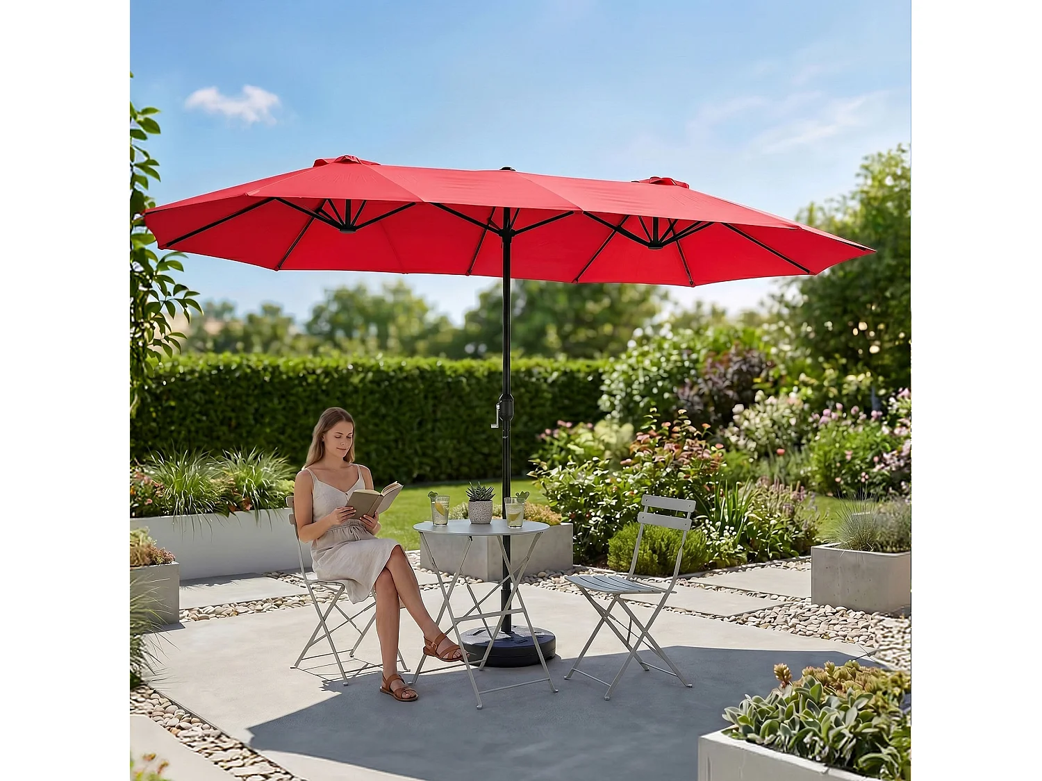 Parasol double de jardin TILIA en rouge, Poids 12,3 kg Dimensions L460 x l270 x H245 cm