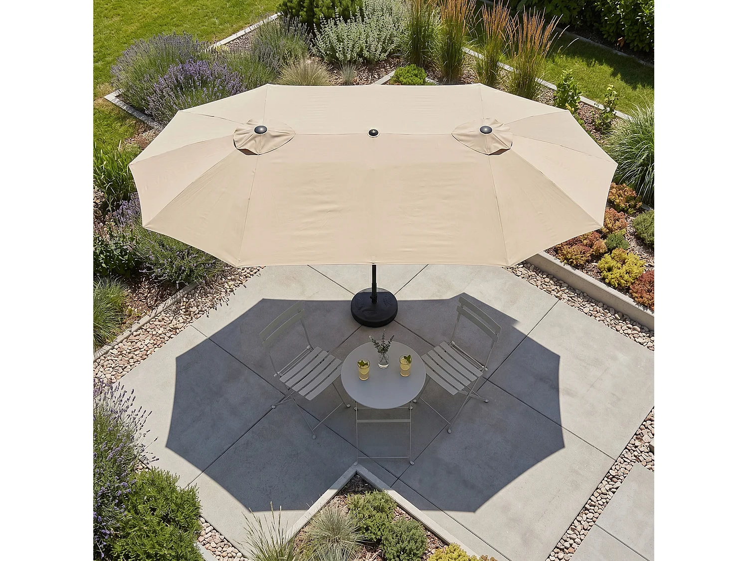 Parasol double de jardin TILIA en beige, Poids 12,3 kg Dimensions L460 x l270 x H245 cm