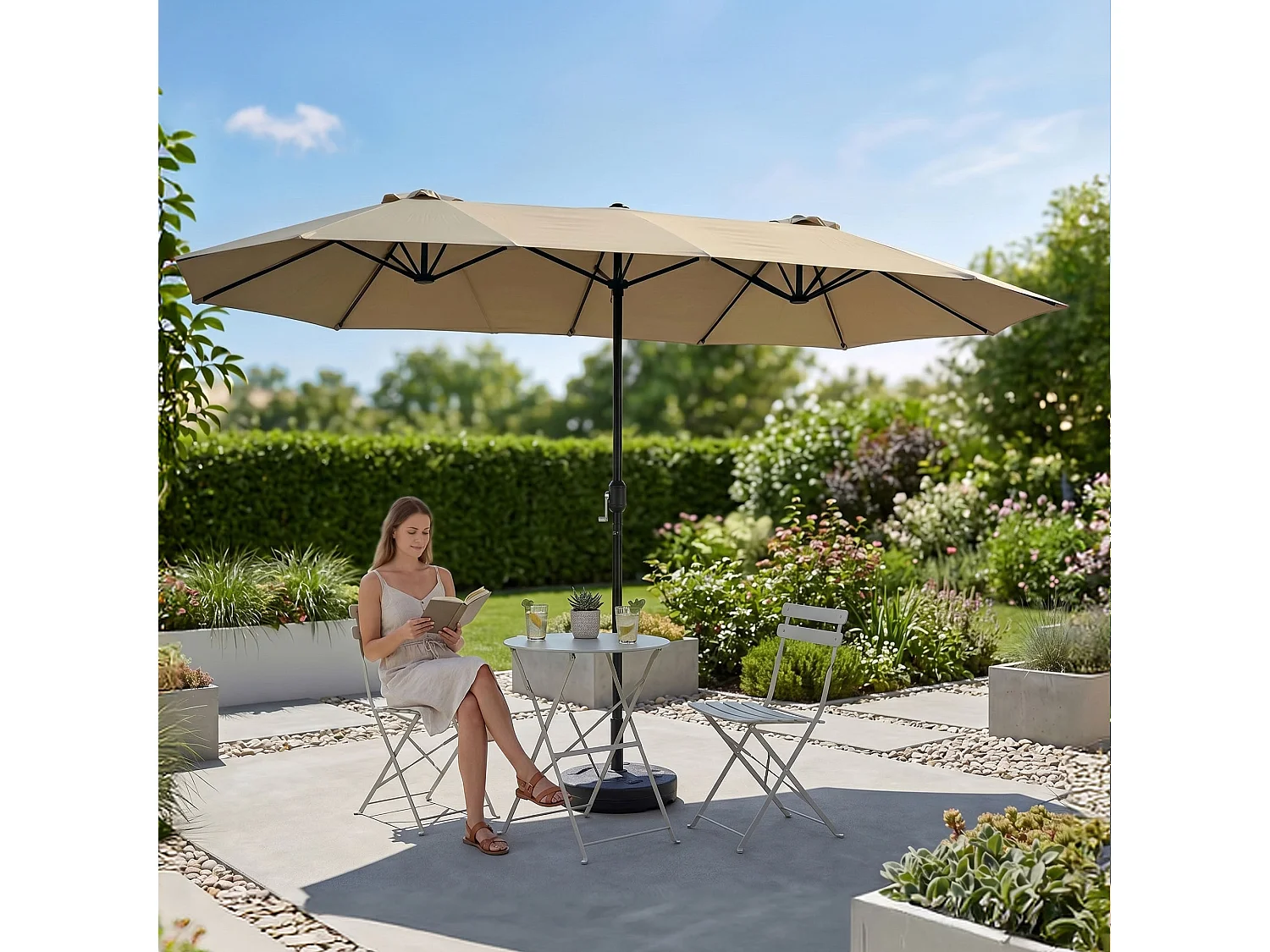 Parasol double de jardin TILIA en beige, Poids 12,3 kg Dimensions L460 x l270 x H245 cm