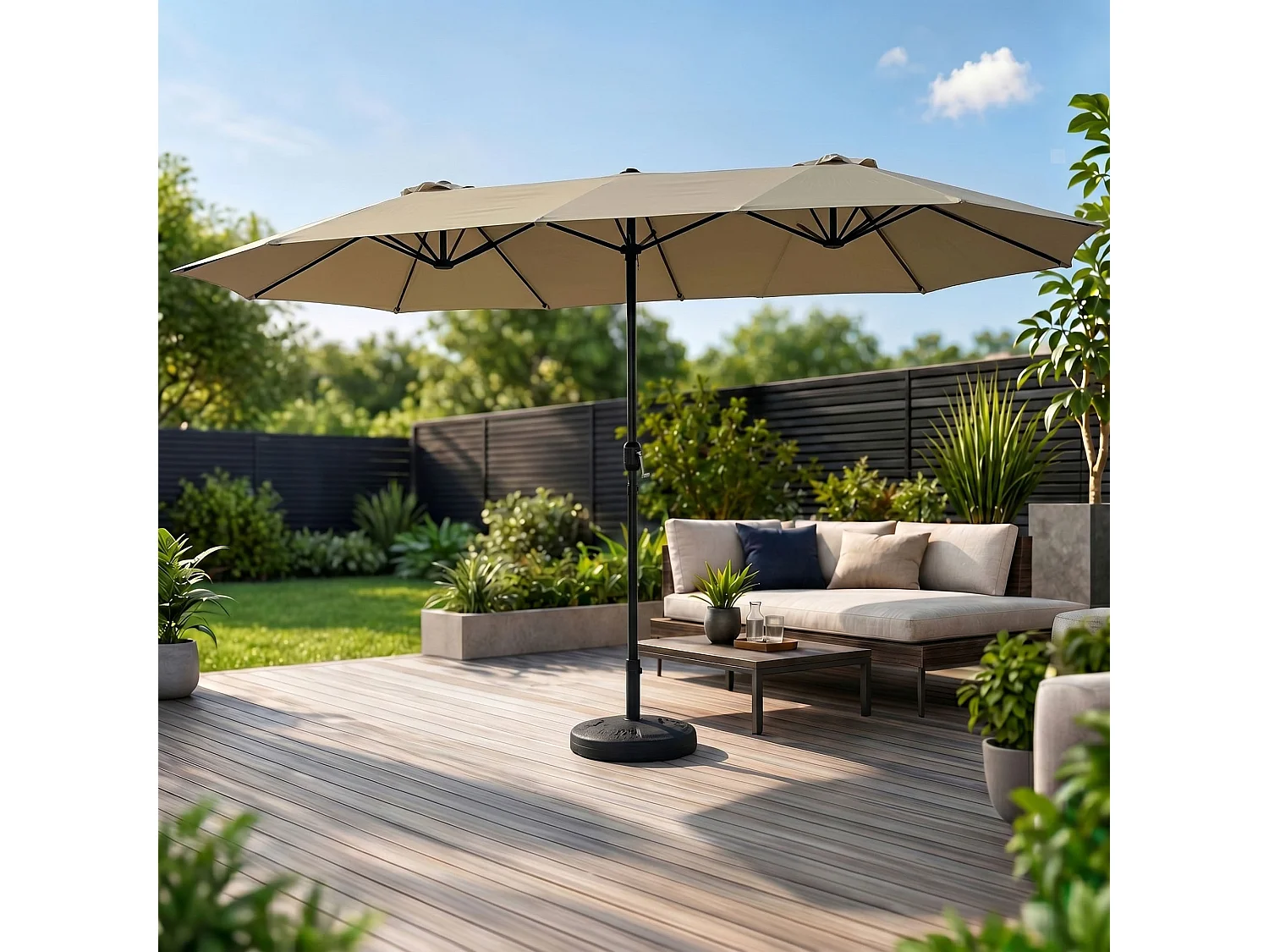 Parasol double de jardin TILIA en beige, Poids 12,3 kg Dimensions L460 x l270 x H245 cm
