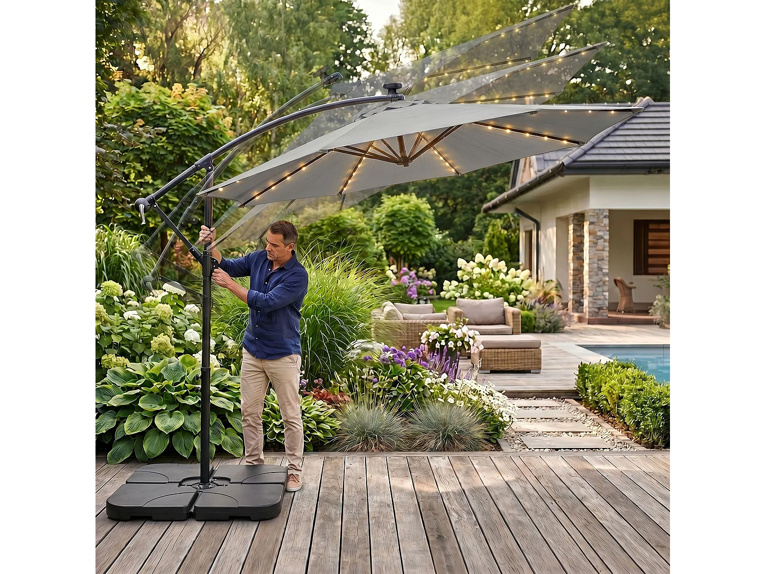 Sombrilla de jardín MILIN Gris Claro con iluminación LED peso 12,7 kg dimensiones 300x00x45 cm