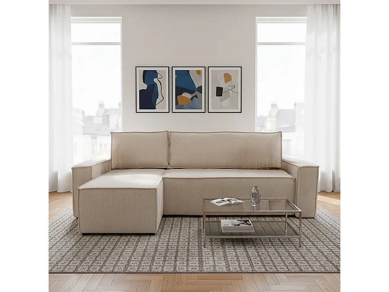 Canapé d'angle convertible et réversible avec coffre ELISE en velours côtelé / Beige