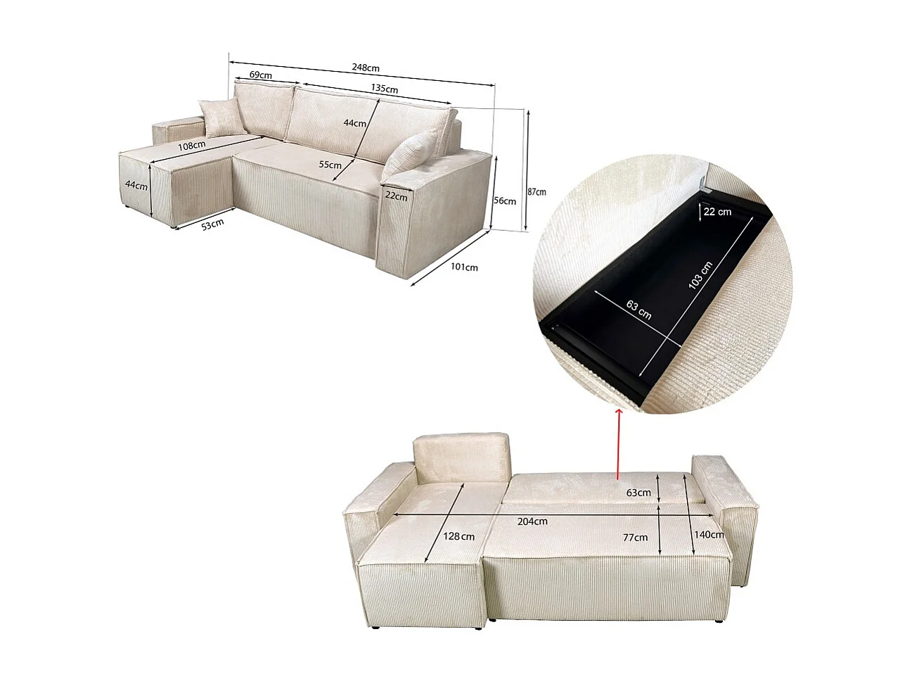 Canapé d'angle convertible et réversible avec coffre ELISE en velours côtelé / Beige