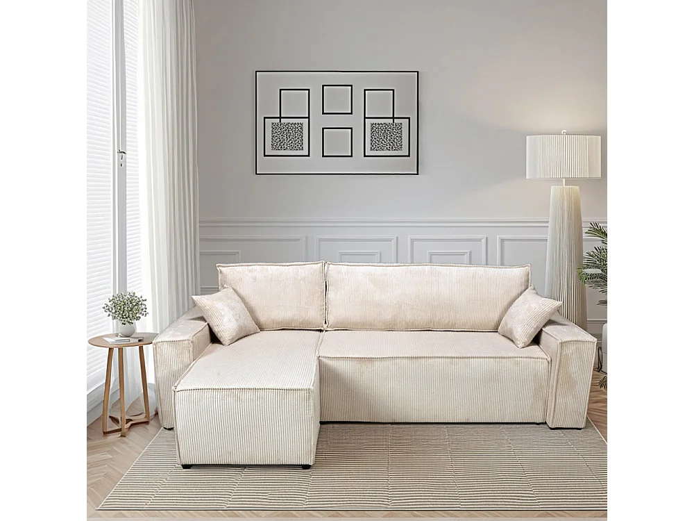 Canapé d'angle convertible et réversible avec coffre ELISE en velours côtelé / Beige