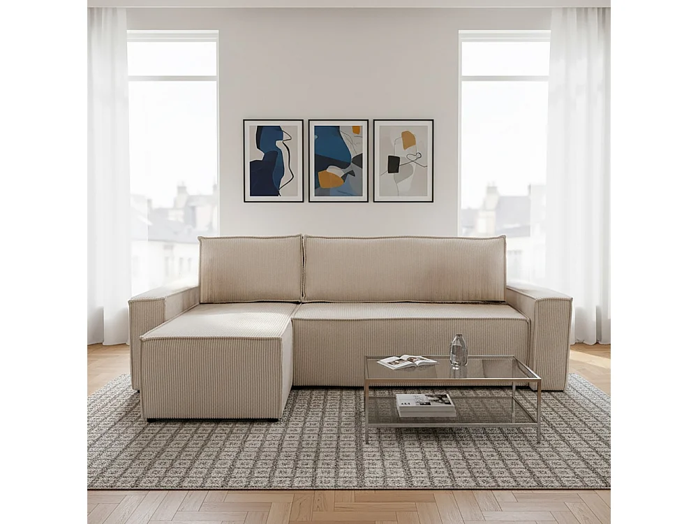 Canapé d'angle convertible et réversible avec coffre ELISE en velours côtelé / Beige