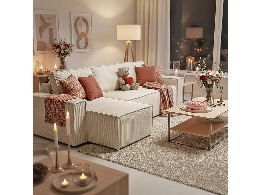 Canapé d'angle convertible et réversible avec coffre ELISE en velours côtelé / Beige