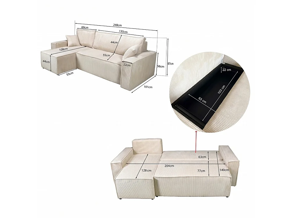 Canapé d'angle convertible et réversible avec coffre ELISE en velours côtelé / Beige