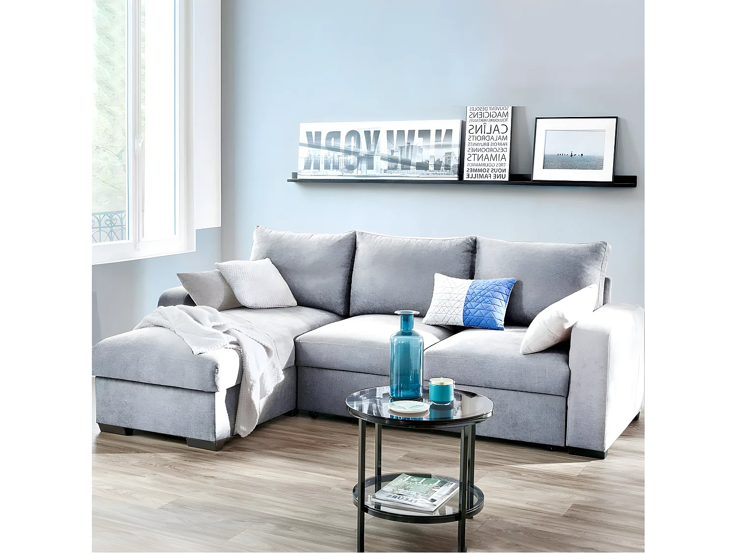 Canapé d'angle HUGO 4 places convertible réversible + coffre de rangement / Gris