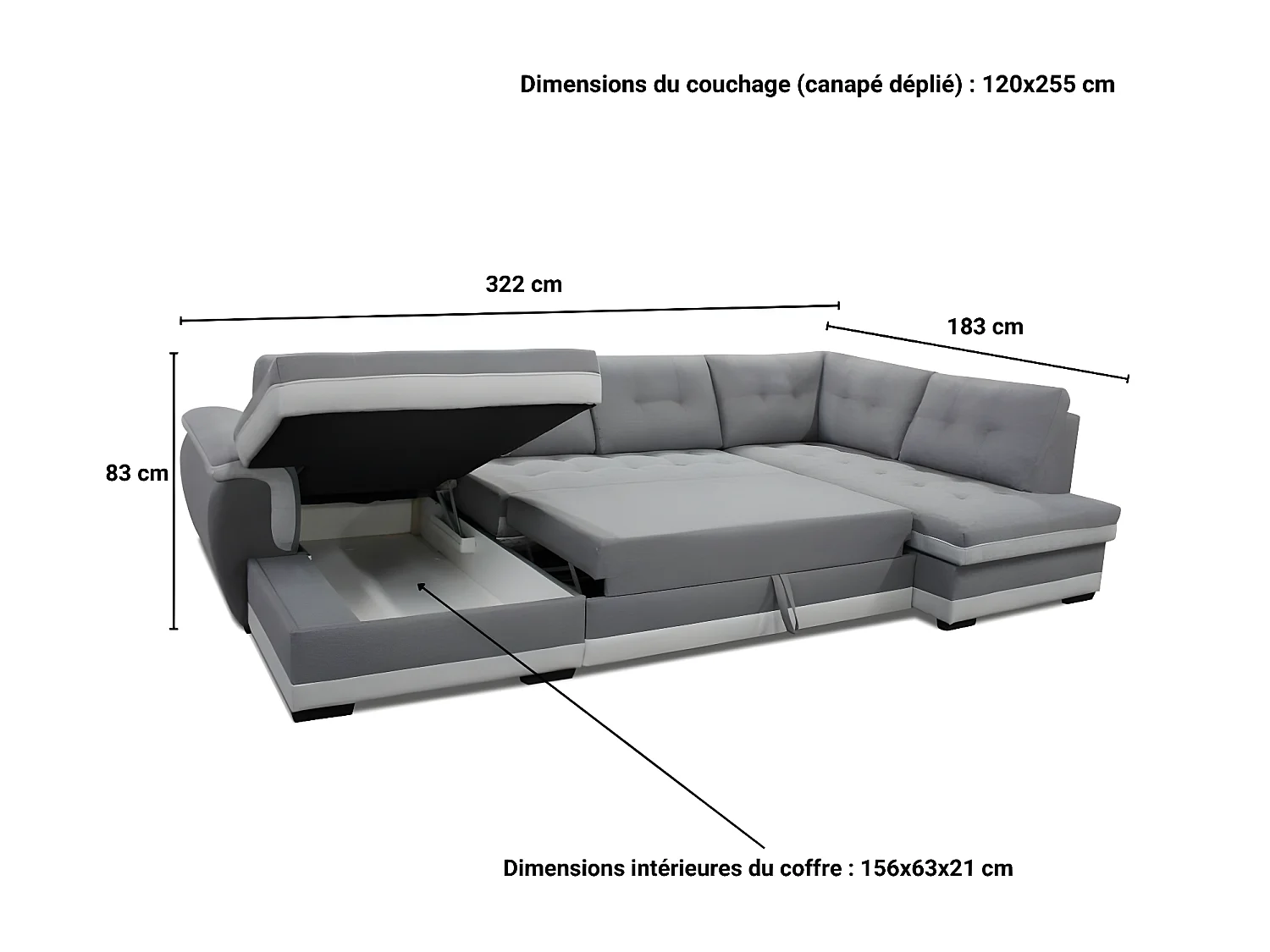 Canapé en U convertible MALIBU + coffre de rangement / Gris