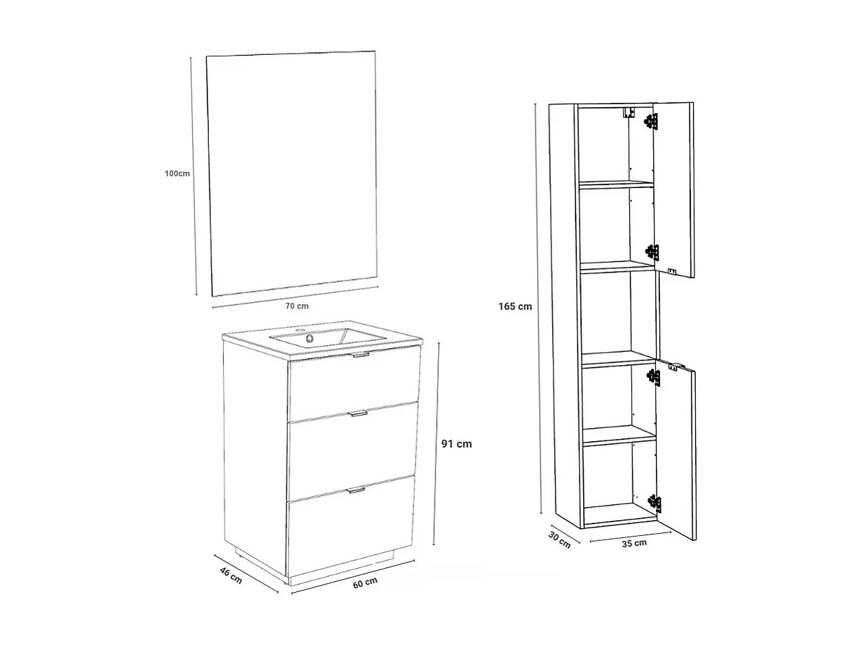 Meuble sous-vasques 3 tiroirs MARBELLA 60 cm + vasque + miroir / Blanc