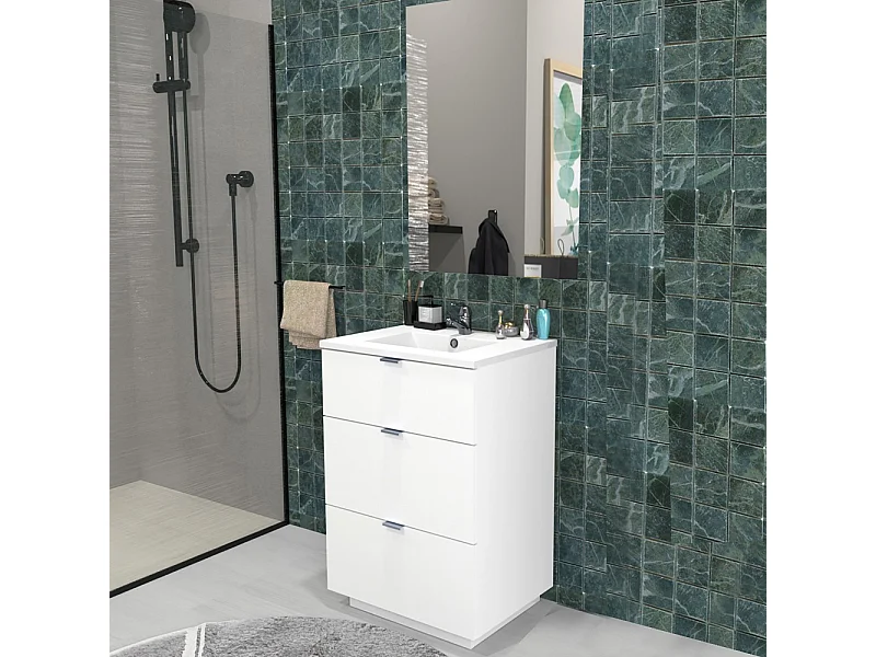 Meuble sous-vasques 3 tiroirs MARBELLA 60 cm + vasque + miroir / Blanc