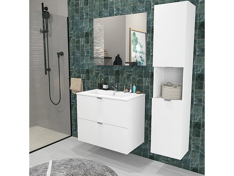 Meuble sous-vasque MALAGA 80 cm + vasque + miroir + colonne / Blanc
