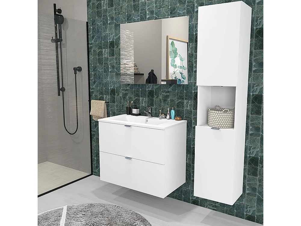 Meuble sous-vasque MALAGA 80 cm + vasque + miroir + colonne / Blanc
