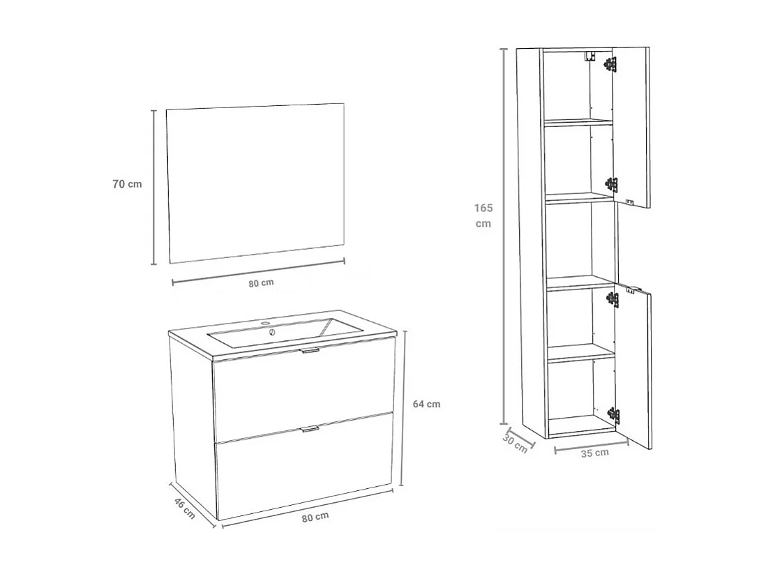 Meuble sous-vasque MALAGA 80 cm + vasque + miroir + colonne / Blanc