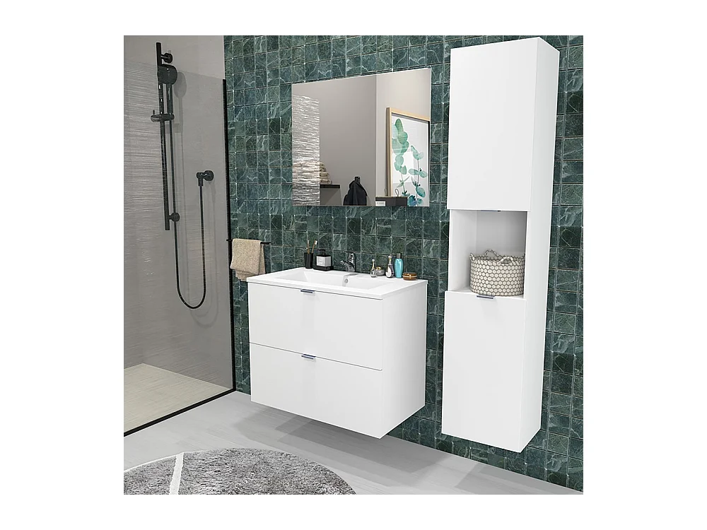 Meuble sous-vasque MALAGA 80 cm + vasque + miroir + colonne / Blanc