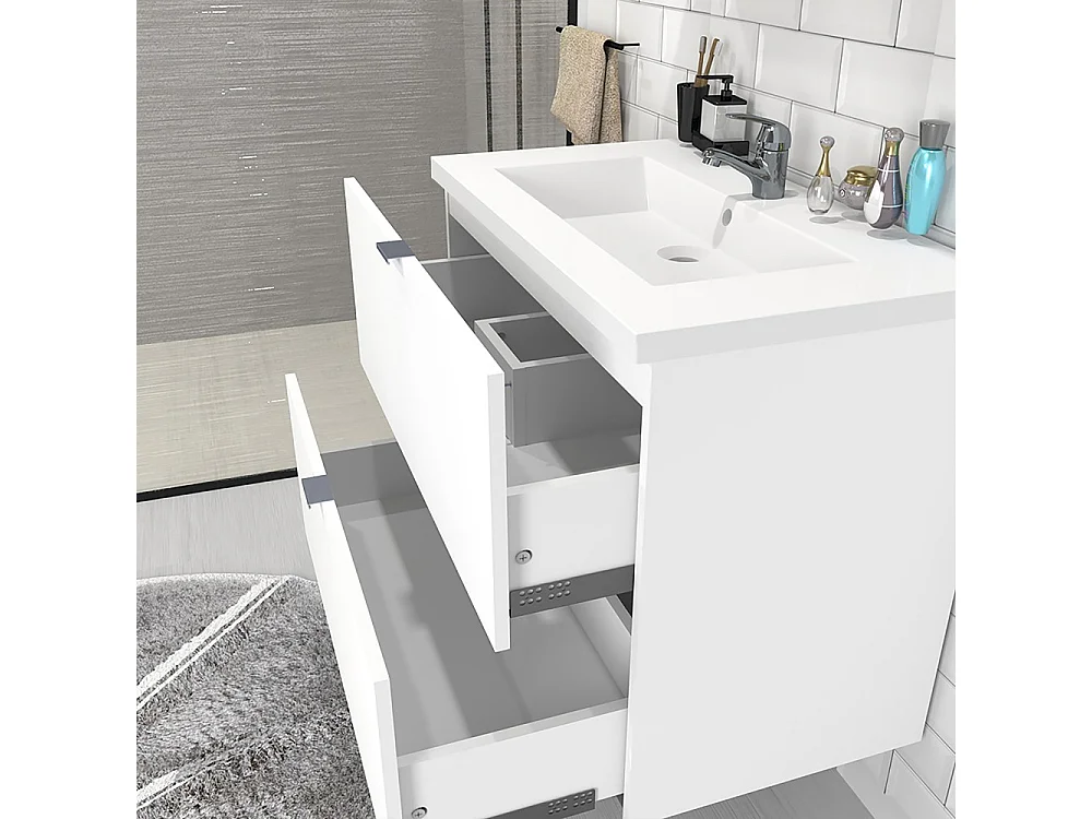 Meuble sous-vasque MALAGA 80 cm + vasque + miroir + colonne / Blanc