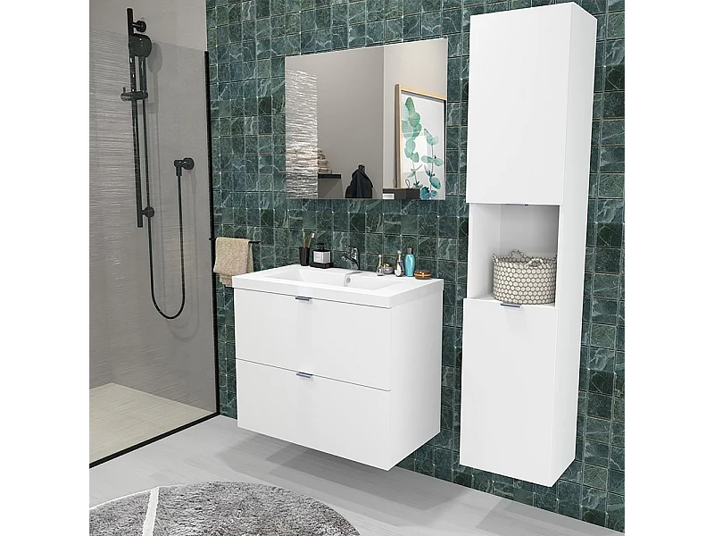 Meuble sous-vasque MALAGA 80 cm + vasque + miroir + colonne / Blanc