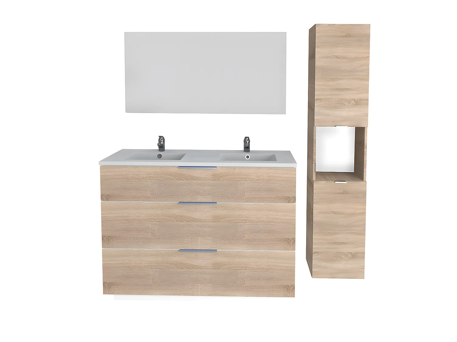 Meuble sous-vasque MARBELLA 120 cm + vasque + miroir + colonne / Décor Chêne blanchi