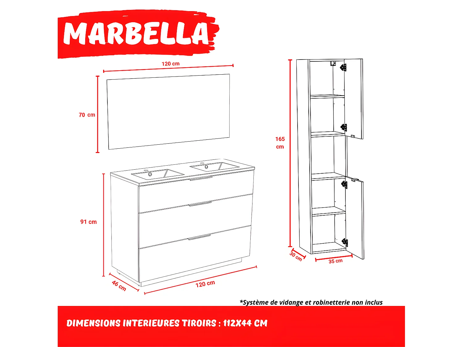 Meuble sous-vasque MARBELLA 120 cm + vasque + miroir + colonne / Décor Chêne blanchi