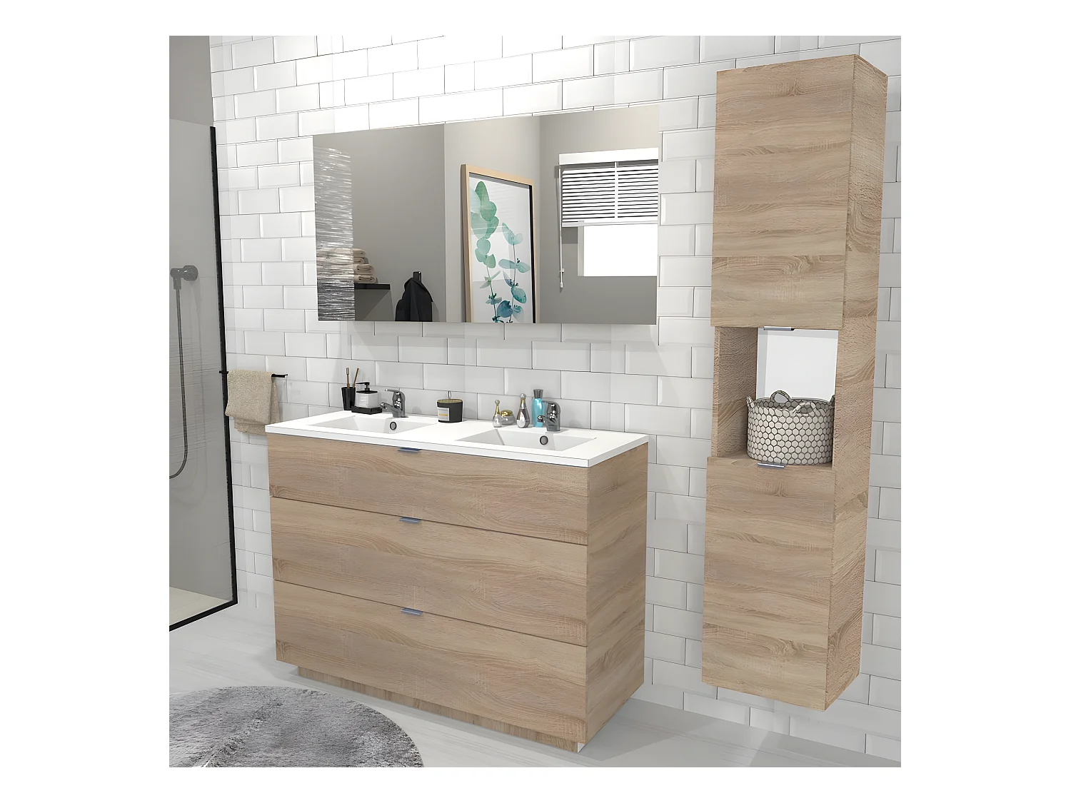 Meuble sous-vasque MARBELLA 120 cm + vasque + miroir + colonne / Décor Chêne blanchi