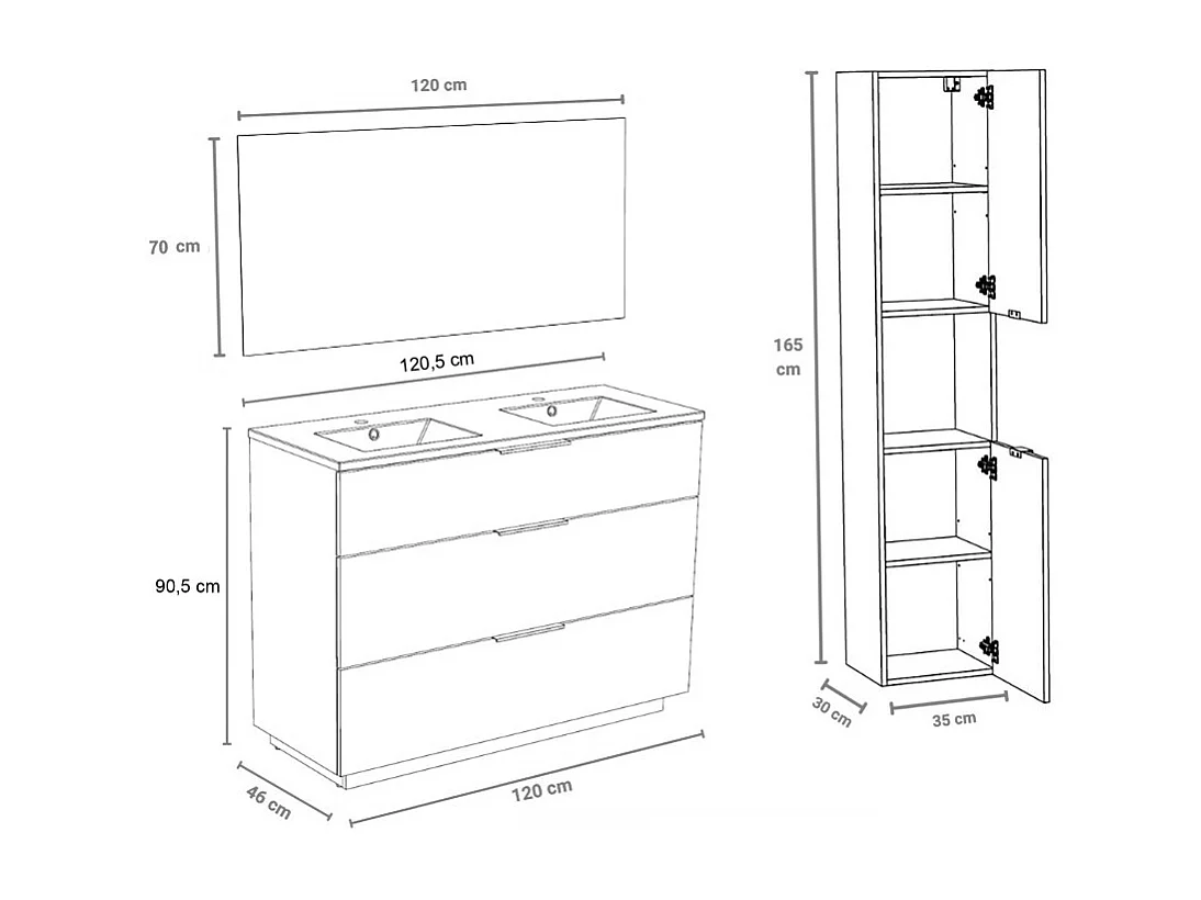 Meuble sous-vasque MARBELLA 120 cm + vasque + miroir + colonne / Décor Chêne blanchi