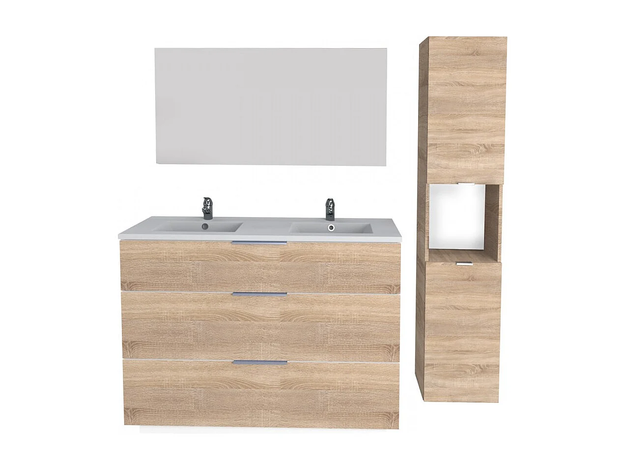 Meuble sous-vasque MARBELLA 120 cm + vasque + miroir + colonne / Décor Chêne blanchi