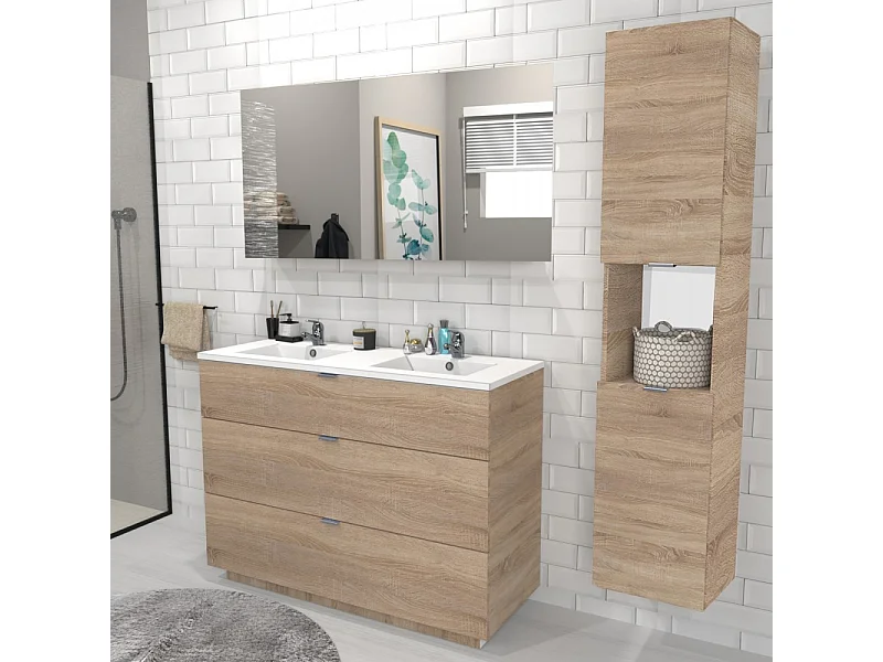 Meuble sous-vasque MARBELLA 120 cm + vasque + miroir + colonne / Décor Chêne blanchi