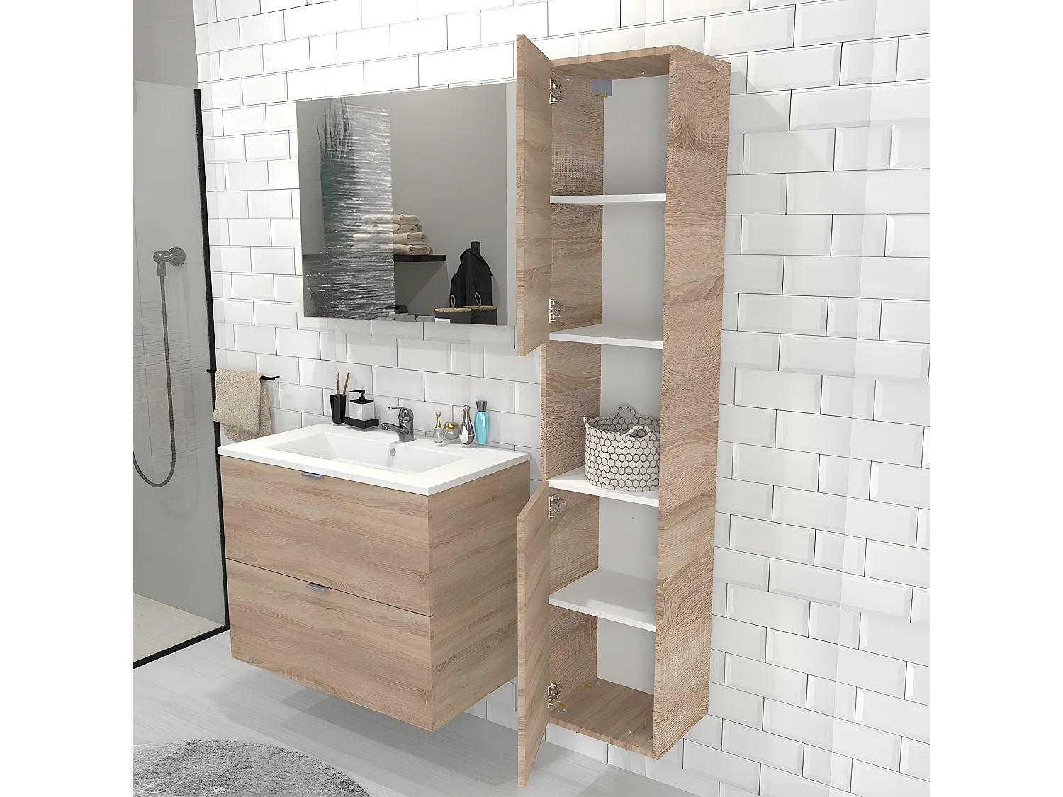 Meuble sous vasque MALAGA 80 cm + vasque + miroir + colonne / Décor Chêne blanchi