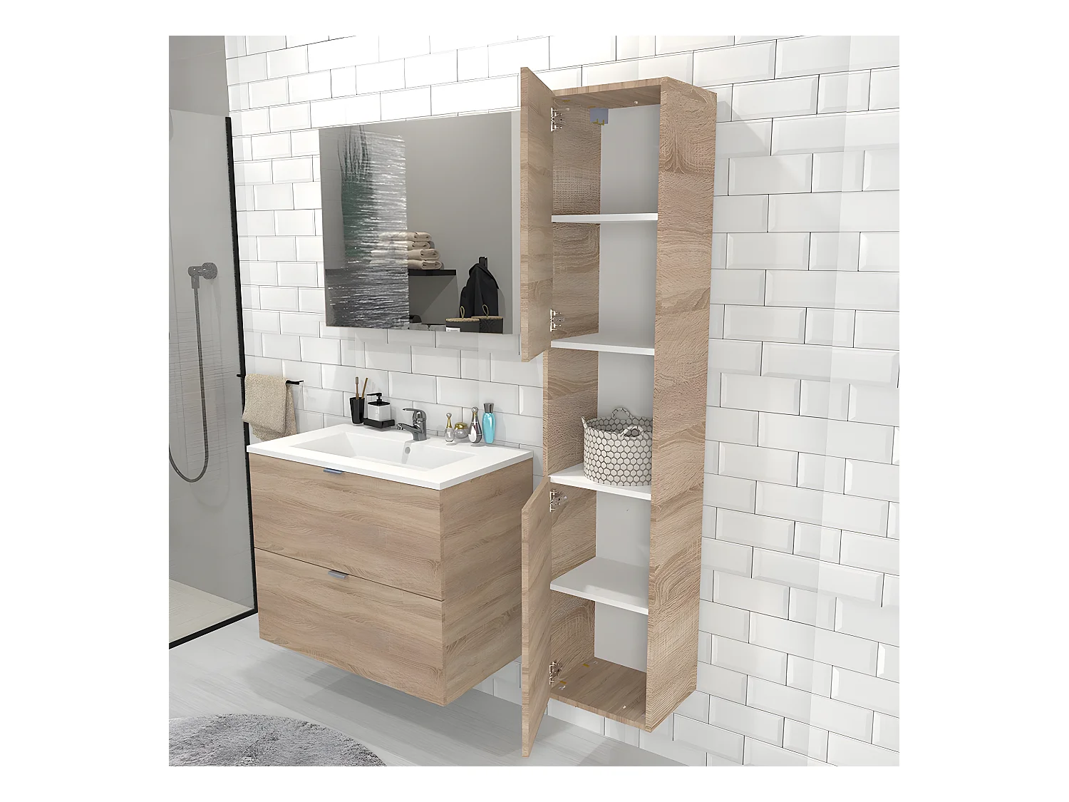 Meuble sous vasque MALAGA 80 cm + vasque + miroir + colonne / Décor Chêne blanchi