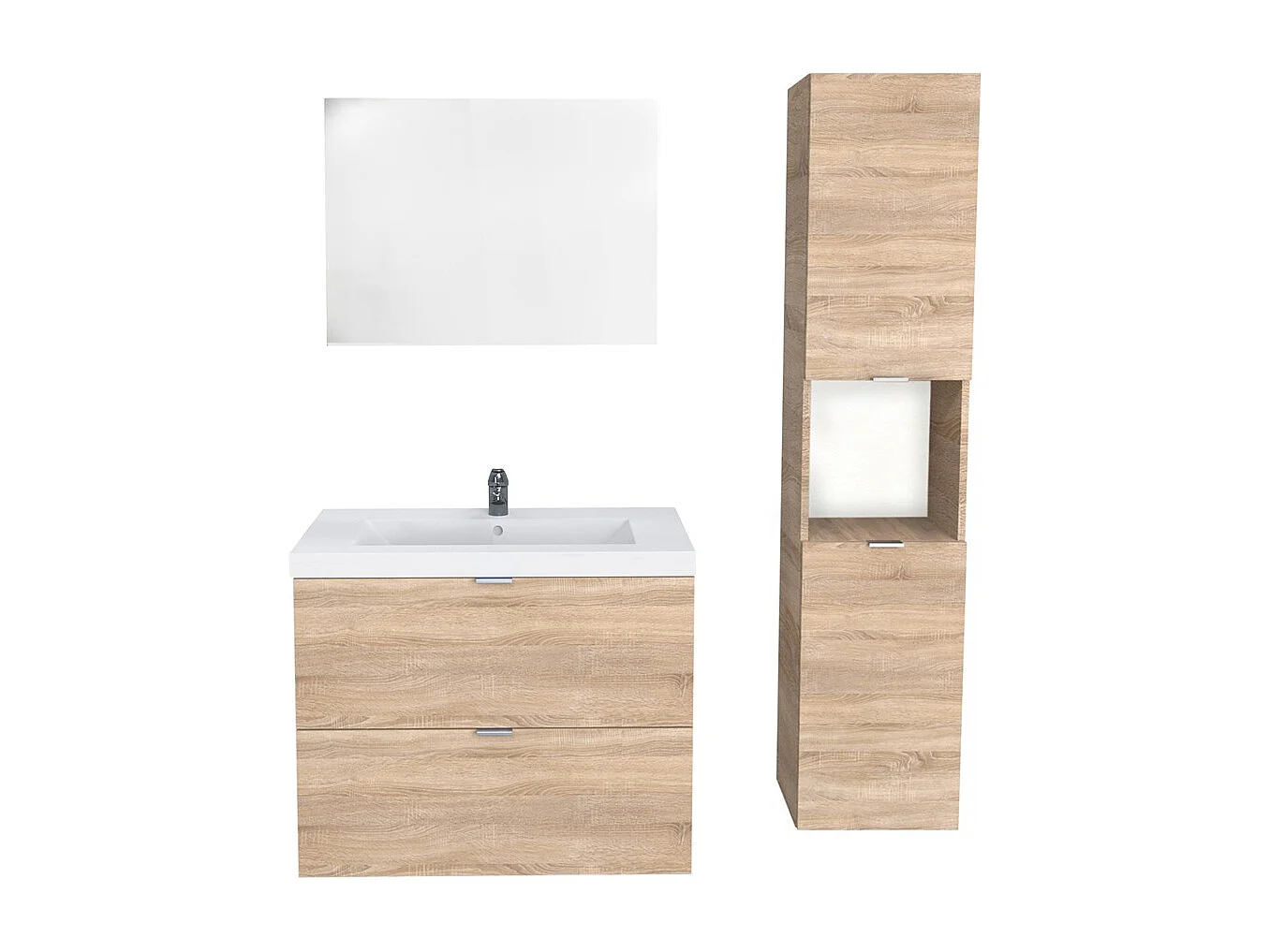 Meuble sous vasque MALAGA 80 cm + vasque + miroir + colonne / Décor Chêne blanchi