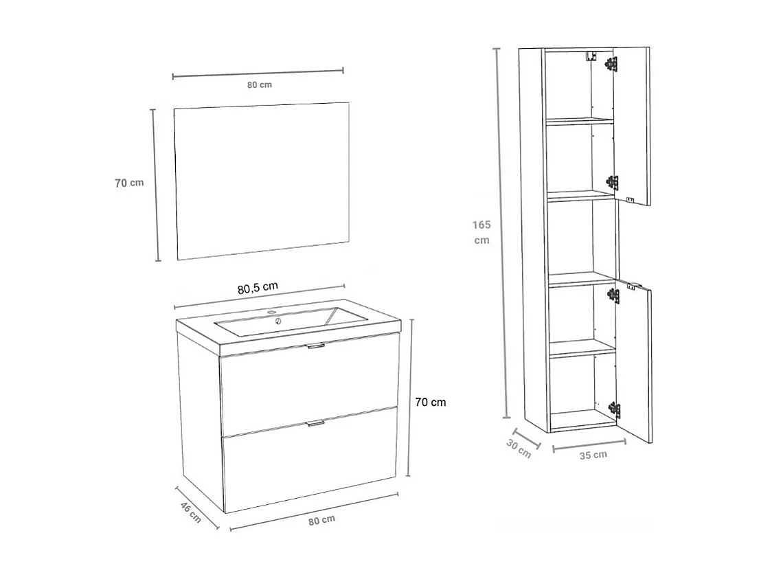 Meuble sous vasque MALAGA 80 cm + vasque + miroir + colonne / Décor Chêne blanchi