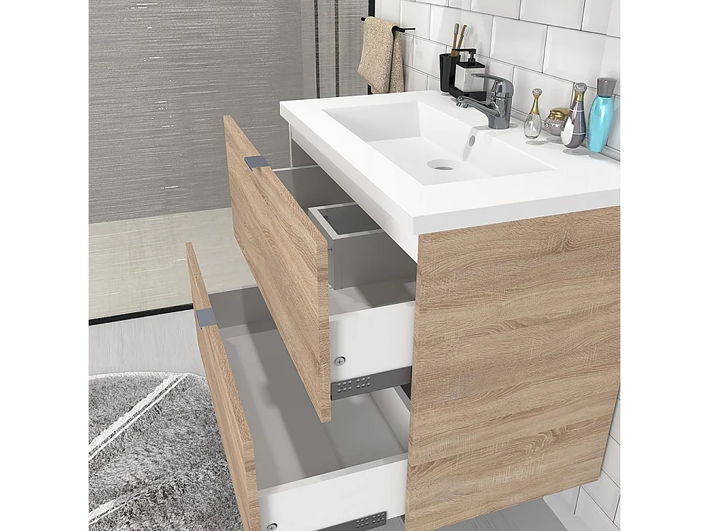 Meuble sous vasque MALAGA 80 cm + vasque + miroir + colonne / Décor Chêne blanchi