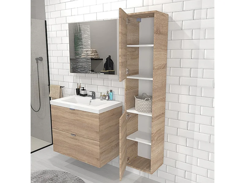 Meuble sous vasque MALAGA 80 cm + vasque + miroir + colonne / Décor Chêne blanchi