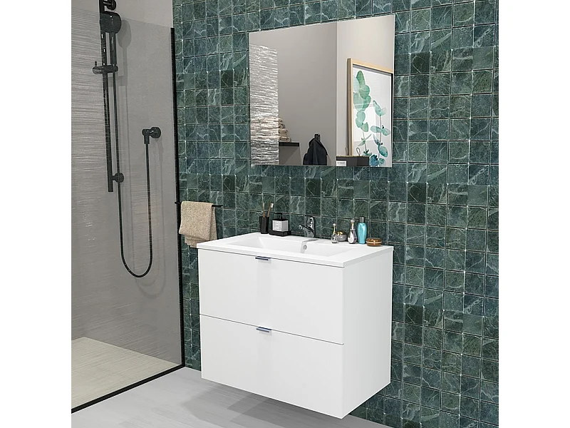 Meuble sous-vasque 2 tiroirs MALAGA 80 cm + vasque + miroir / Blanc