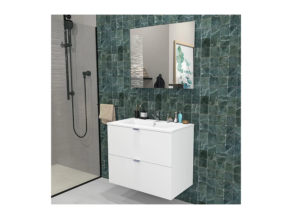 Meuble sous-vasque 2 tiroirs MALAGA 80 cm + vasque + miroir / Blanc