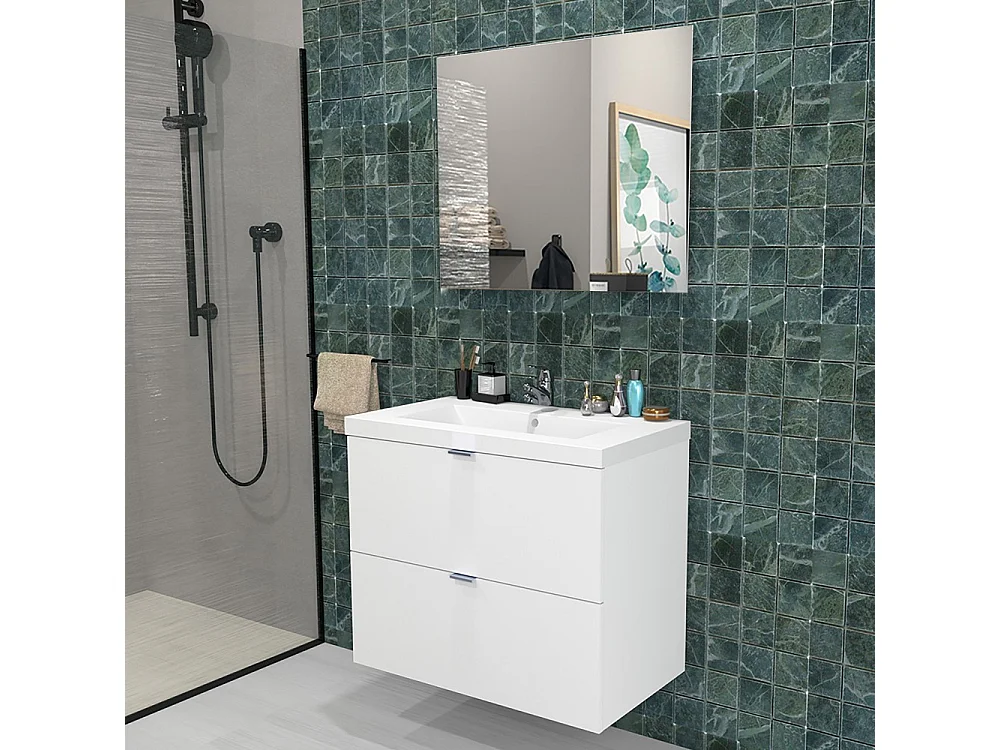 Meuble sous-vasque 2 tiroirs MALAGA 80 cm + vasque + miroir / Blanc