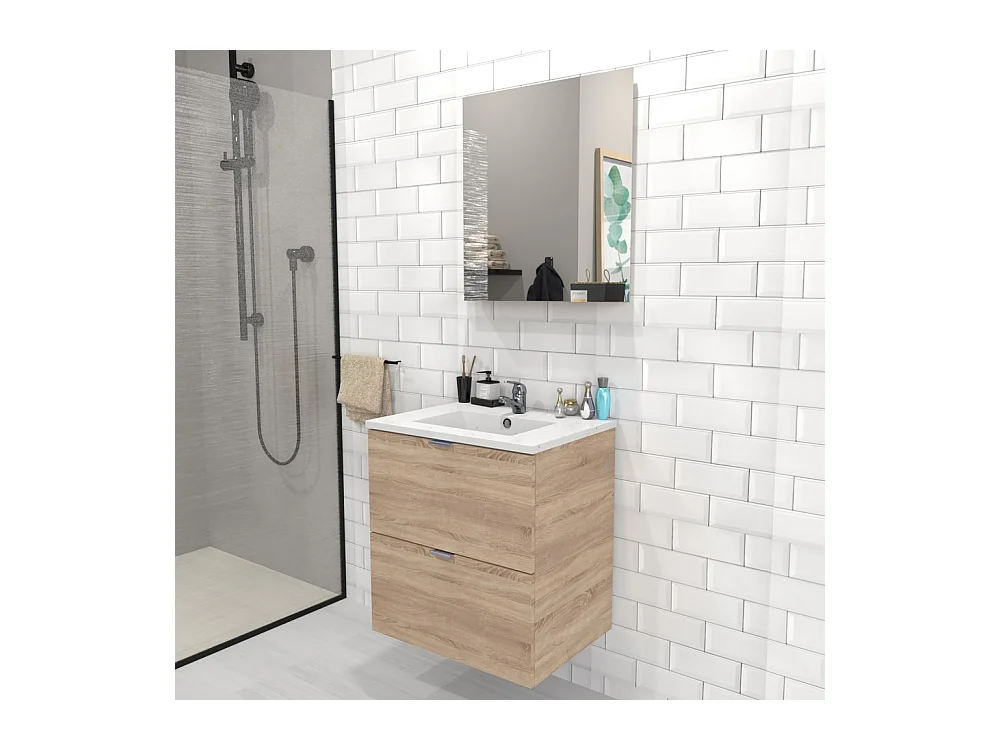 Meuble sous-vasque 2 tiroirs MALAGA 60 cm + vasque + miroir / Décor Chêne blanchi
