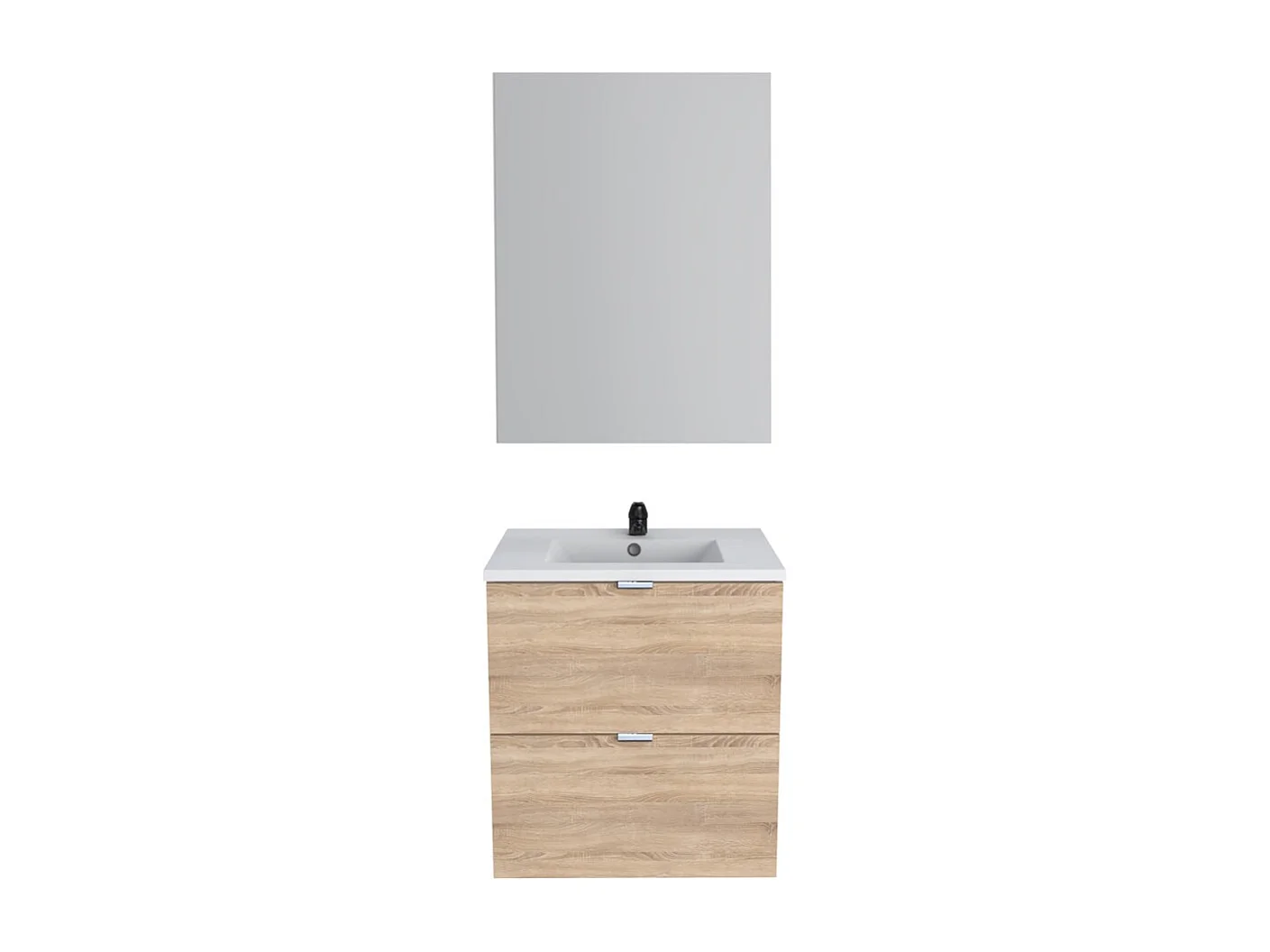 Meuble sous-vasque 2 tiroirs MALAGA 60 cm + vasque + miroir / Décor Chêne blanchi
