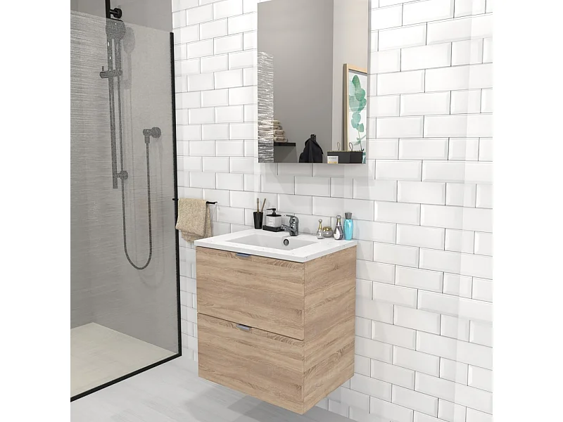 Meuble sous-vasque 2 tiroirs MALAGA 60 cm + vasque + miroir / Décor Chêne blanchi