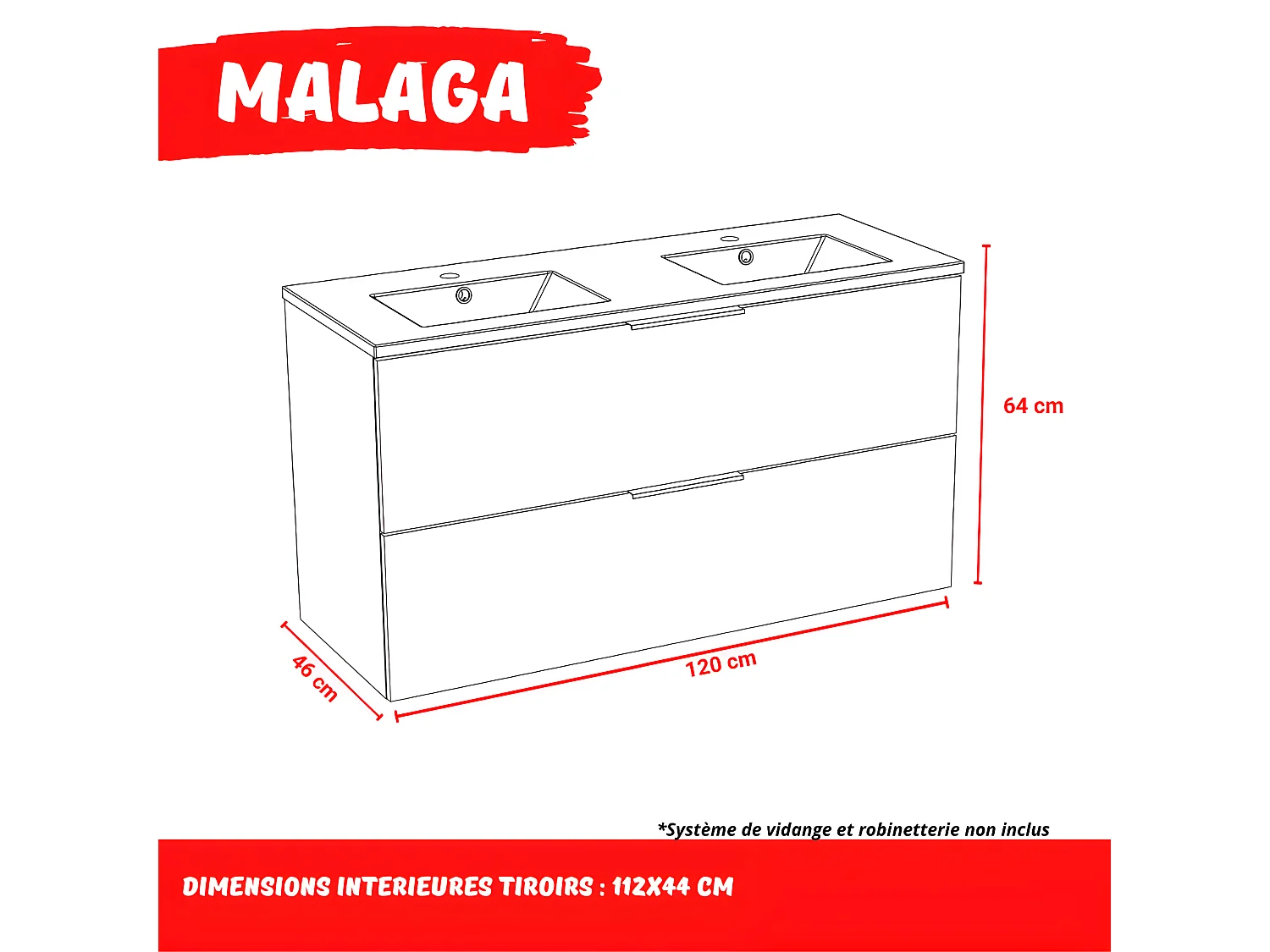 Meuble sous-vasque 2 tiroirs MALAGA 120 cm + vasque / Décor Chêne blanchi