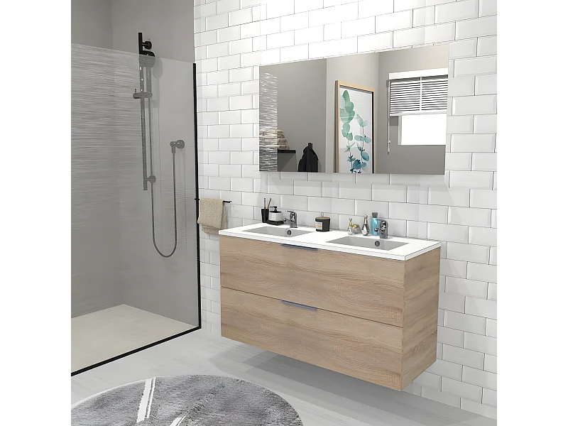 Meuble sous-vasque 2 tiroirs MALAGA 120 cm + vasque / Décor Chêne blanchi