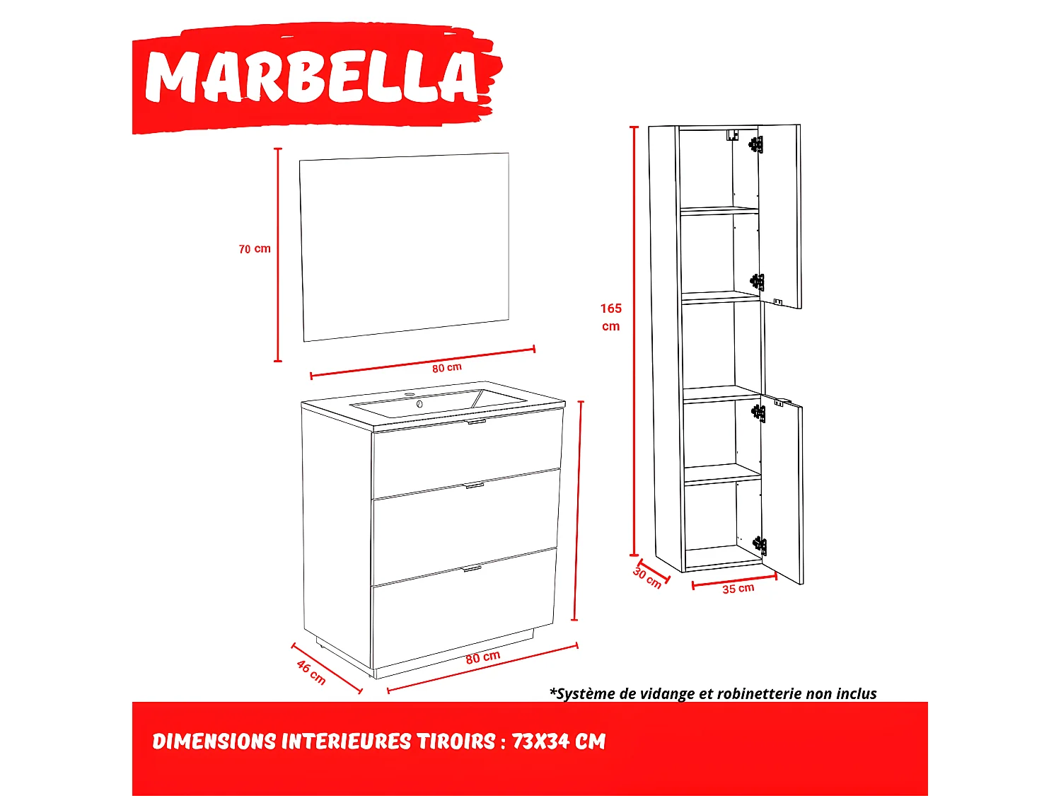 Meuble sous-vasque MARBELLA 80 cm + vasque + miroir + colonne / Décor Chêne blanchi